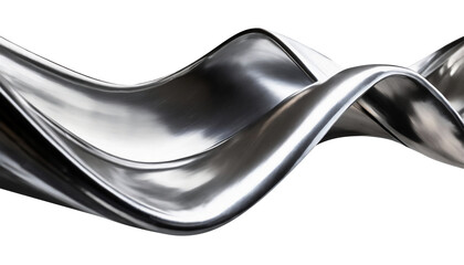 Abstract fluid metal bent form. Metallic shiny curved wave in motion. Cut out design element steel texture effect.