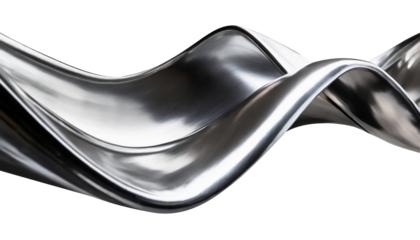 Abstract fluid metal bent form. Metallic shiny curved wave in motion. Cut out design element steel texture effect.