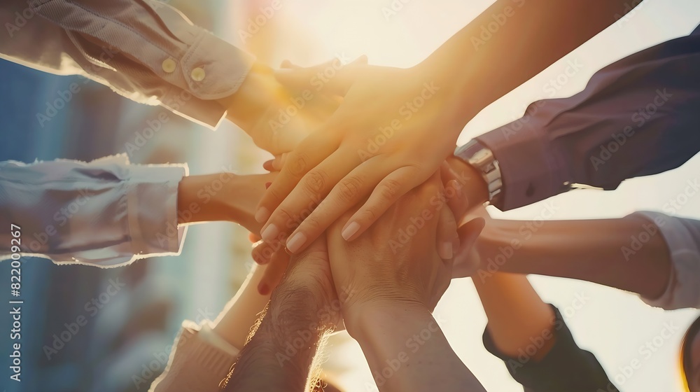 Poster teamwork collaboration and unity between business people with their hands stacked for project develo