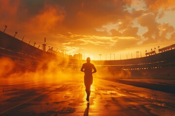 A runner is running on a track in front of a stadium