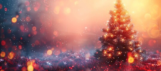 Obraz premium Festive christmas tree and sparkling lights on red background for merry christmas card