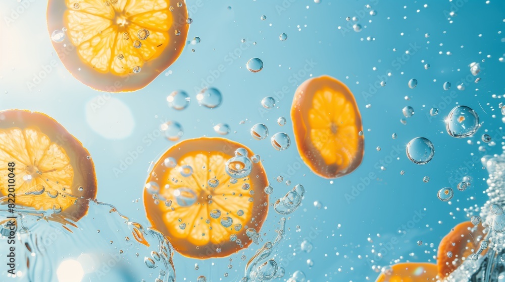 Poster a bright blue sky and floating orange slices with bubbles create a refreshing and lively scene.