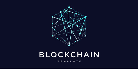 Fototapeta premium Sign, logo Blockchain. Symbol, logo for blockchain technology, logotype. Hexagon, connection line transaction for logo, brand label, emblem, branding, smart contract block symbol. Vector Illustration