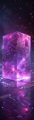 Futuristic glowing purple cube in a digital space with a cosmic background, representing advanced technology and sci-fi concept.