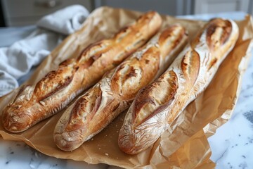 Close up of delicious baguettes on craft paper, embracing the french breakfast tradition