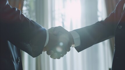 Middle aged executive man and young businessperson shaking hands in the office : Generative AI