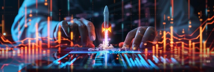 Innovative startup vision  person using tablet with rocket symbolizes launching new ideas