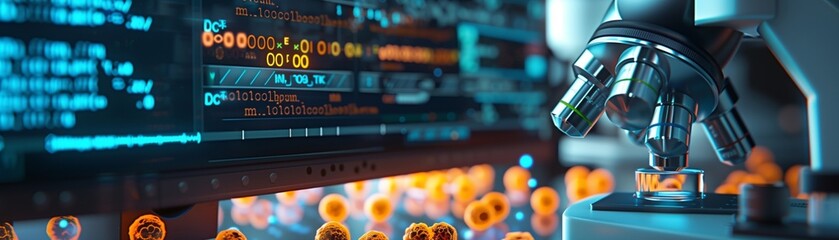 Close-up of a microscope and data screens in a research lab, illustrating the integration of technology in scientific analysis.