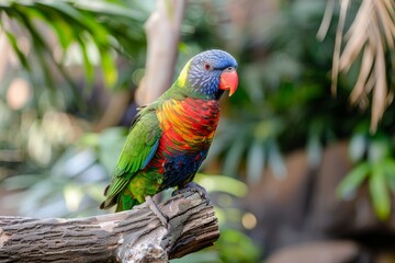 Naklejka premium Colorful bird perched on tree branch with vibrant foliage and soft focus background