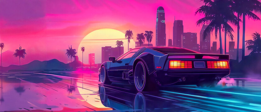 Back to the Future Car Driving on Road: Synthwave Illustration with Neon Cityscape, Palm Trees, and Bright Pink Sunset in Retro Wave Color Palette - High-Resolution Digital Art