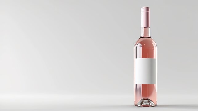Clear glass bottle of rose wine with empty label on white background. Use for wine brand mockups.