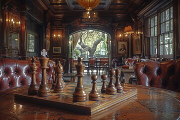 Chess board on table in restaurant