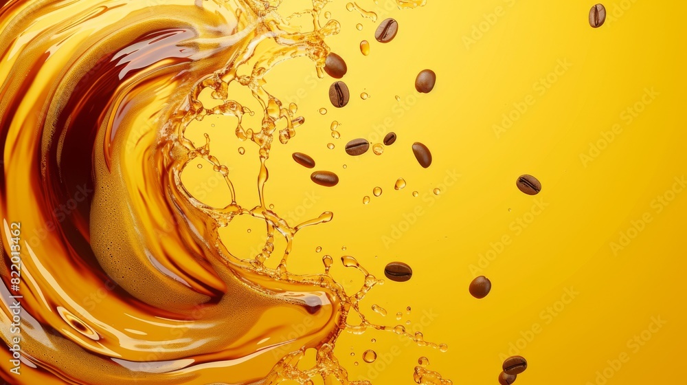 Poster vibrant yellow liquid splash with floating coffee beans, a dynamic and visually appealing representa