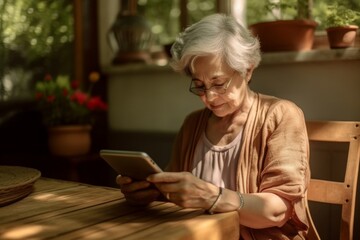 Senior Woman Using Digital Tablet Senior woman sitting alone and surfing the net on digital tablet