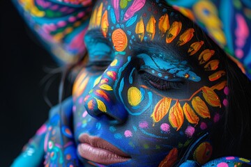Woman with painted face and body poses