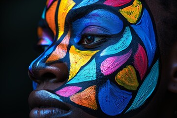 Womans face painted with bright colors