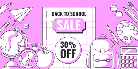 Back to school sale minimalist banner with discount, school supplies, stationery. Education, learning, selling concept. Vector horizontal poster for web, social media, advertising, business.