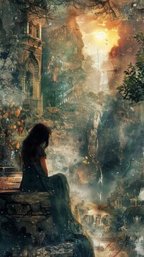 Typography Art of the legend of Arachne in her human form, integrating her story with the ancient art of weaving, set in a magical realism setting with subtle, dreamy landscapes