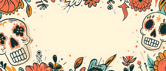 Bright and Minimalist Day of the Dead Doodle Border Design with Blank Space for Messaging
