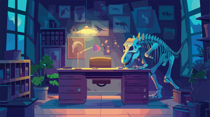Archaeologist lab room and fossil on desk at night ca