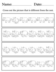 Rhino Puzzle. Printable Activity Page for Kids. Educational Resources for School for Kids. Kids Activity Worksheet. Find the Different Object