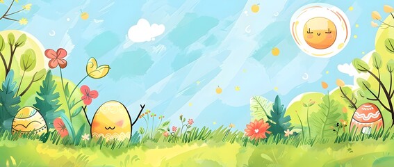 Charming Springtime Landscape Doodle Border Design with Blank Space for Message