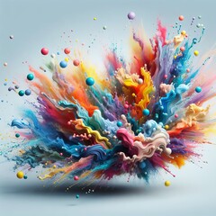 Vibrant explosion of colorful paint and spheres against a light blue background.