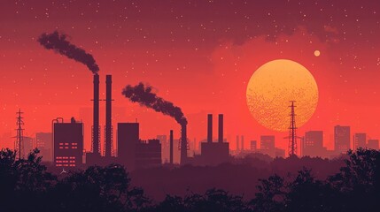 Industrial Sunset with Smokestacks and Red Sky