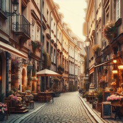 Charming cobblestone street in a historic European city at sunrise.