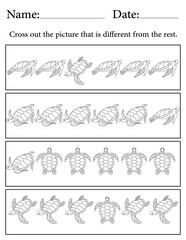 Sea Turtle Puzzle. Printable Activity Page for Kids. Educational Resources for School for Kids. Kids Activity Worksheet. Find the Different Object