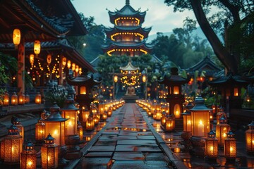 Fototapeta premium Illuminated chinese pagoda with lanterns at night