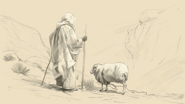 Lost Sheep Found by Shepherd in the Wilderness - Biblical Watercolor Illustration