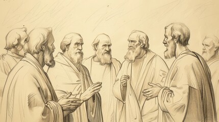 Fototapeta premium Council at Jerusalem with Apostles Debating Gentile Inclusion - Biblical Watercolor Illustration