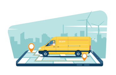 Online delivery service concept. A delivery van speeds along the route. Vector illustration.
