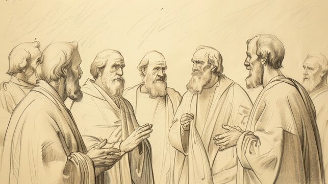 Council at Jerusalem with Apostles Debating Gentile Inclusion - Biblical Watercolor Illustration