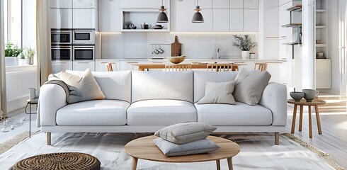 Modern living room interior with sofa and kitchen in the background
