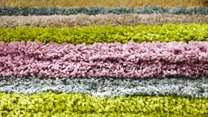 Close-up of many colored carpet samples