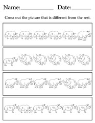 Rhino Puzzle. Printable Activity Page for Kids. Educational Resources for School for Kids. Kids Activity Worksheet. Find the Different Object