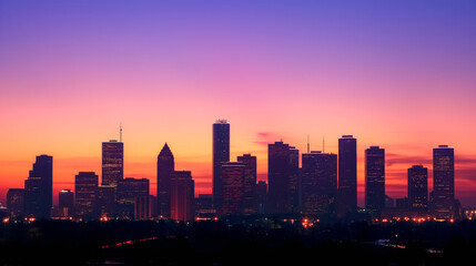 Obraz premium Silhouette of a city skyline against the colorful hues of a sunset or twilight sky. The lights of skyscrapers and buildings begin to twinkle as the city transitions from day to night.