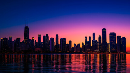 Silhouette of a city skyline against the colorful hues of a sunset or twilight sky. The lights of skyscrapers and buildings begin to twinkle as the city transitions from day to night.