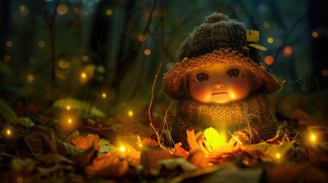 Bashful Character in Glowing Enchanted Forest Exploring the Wonders of Nature