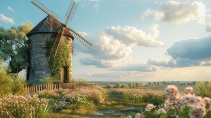 A charming windmill in the countryside.