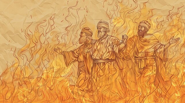 Miracle of Shadrach, Meshach, and Abednego in the Fiery Furnace - Biblical Watercolor Illustration