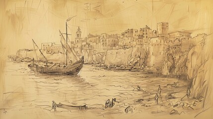 Paul Surviving Shipwreck on the Island of Malta - Biblical Watercolor Illustration