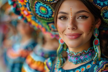 Fototapeta premium Woman in colorful mexican hat posing at cinco de mayo parade