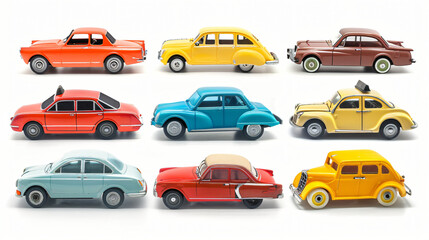 Set with different toy cars isolated on white