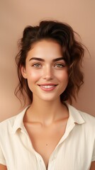 Beige background Happy european white Woman realistic person portrait of young beautiful Smiling Woman Isolated on Background ethnic diversity equality acceptance 