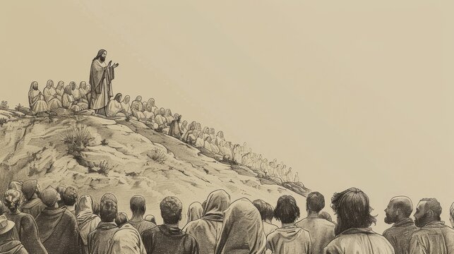 Jesus' Sermon on the Mount Preaching to a Large Gathering - Biblical Watercolor Illustration