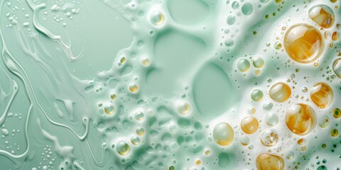 Skincare cleanser foam texture with bubbles isolated on green background. Soap shampoo face wash cleansing musse product sample
