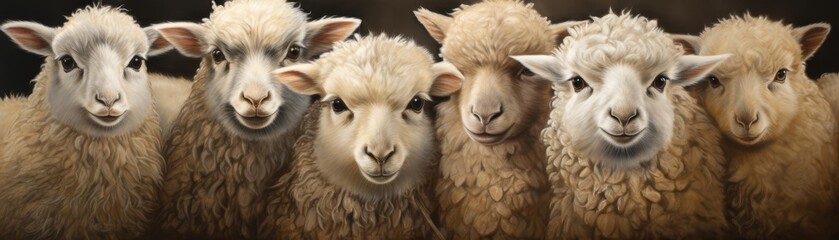 Close-up of six adorable lambs with woolly coats, standing in a row, gazing at the camera with curiosity and innocence.